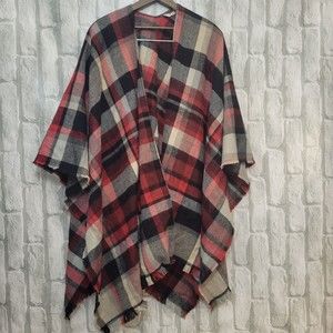Soft Surroundings Plaid Blanket  Cape Poncho Shawl Fringe Womens One Size